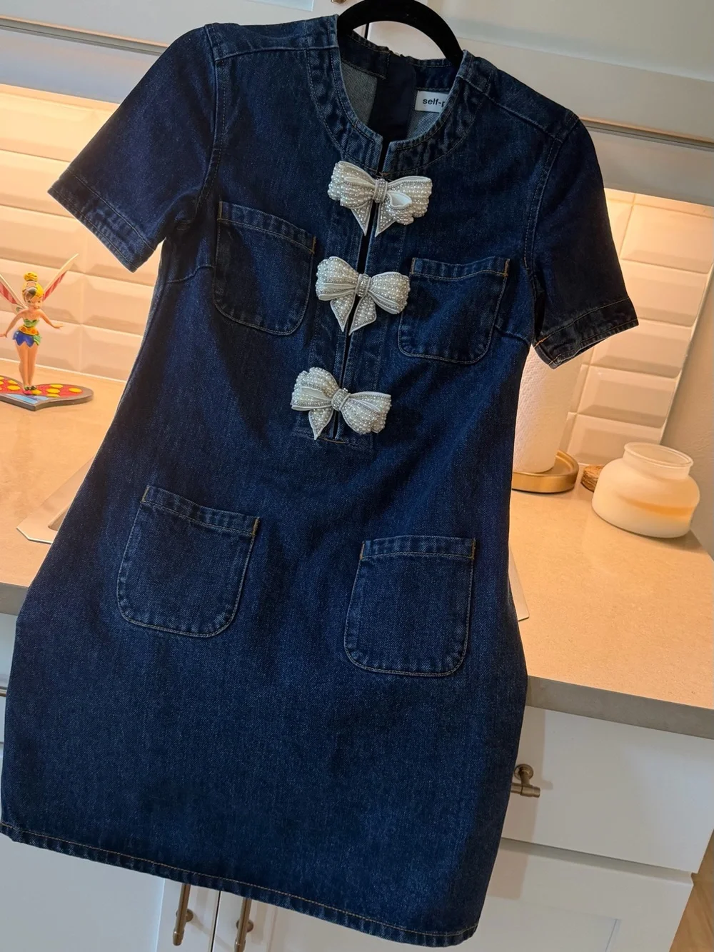 Self-Portrait Dark Blue Denim Dress with Pearl Bow Closures - Picture 2 of 4